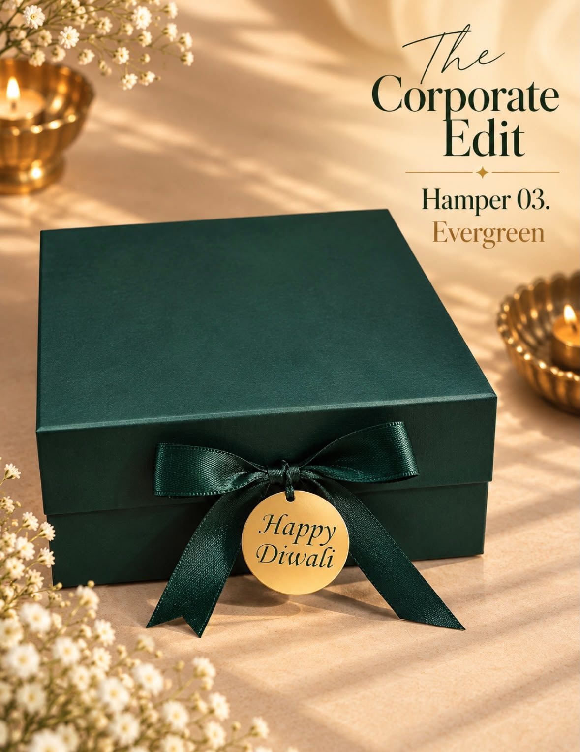 Emerald gift box with a gold acrylic Happy Diwali tag on the ribbon